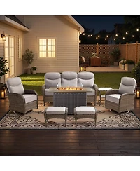 Pocassy 7pieces Patio Furniture Set with 6-inch Thick Cushion, Outdoor Wicker Conversation Fire Pit Table, Swivel Chairs, Sofa, Side Table