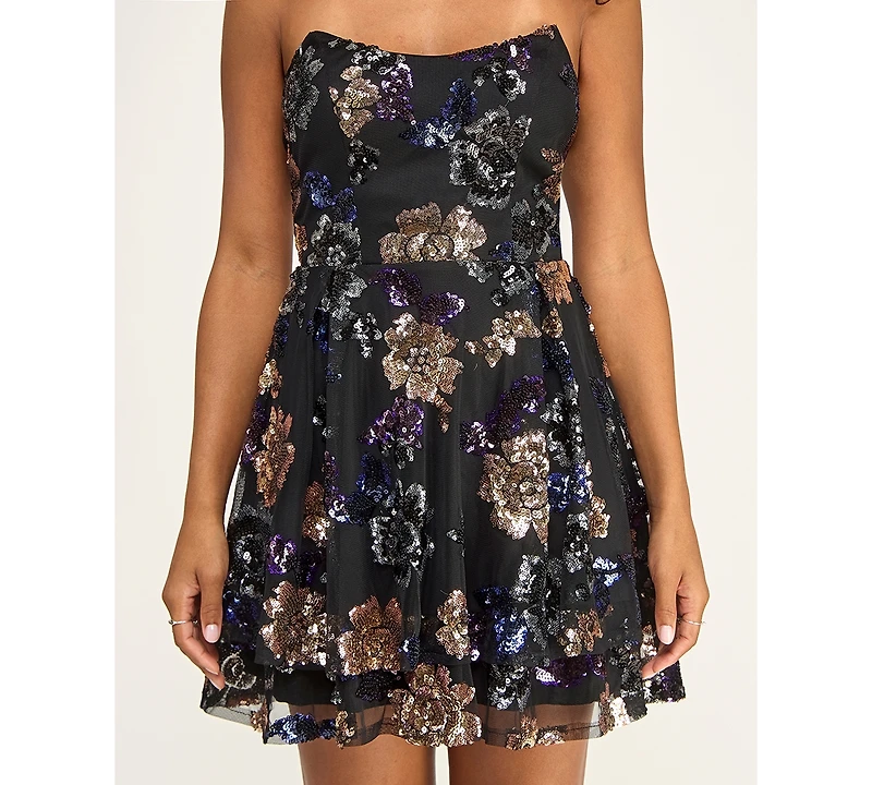 Katia Rae Juniors' Lace-Up Back Strapless Sequined Floral Short Dress