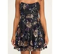 Katia Rae Juniors' Lace-Up Back Strapless Sequined Floral Short Dress