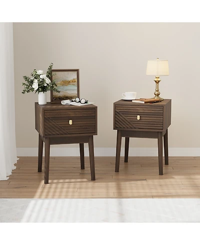 Boyel Living Medieval-Modern Walnut Bedside Table Set of 2, Nightstand with Recessed Design and Metal Handles for Bedroom, Living Room