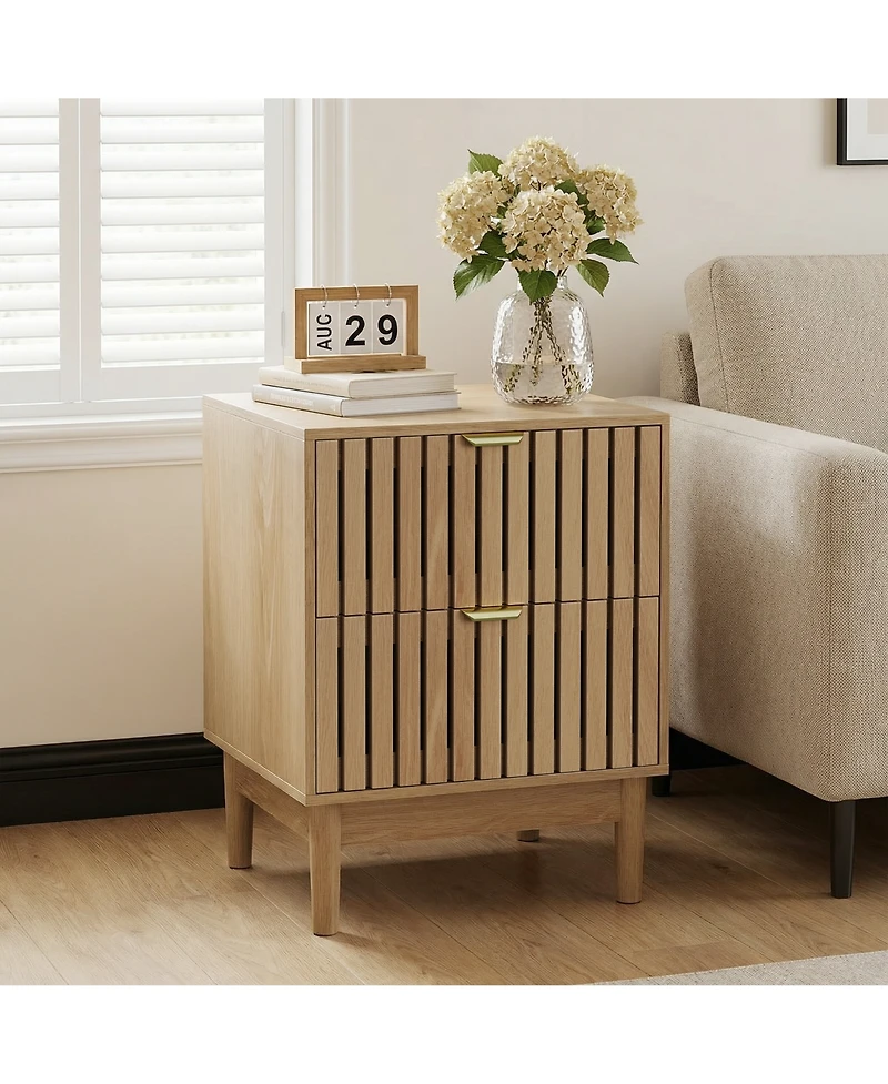 Boyel Living Mid-Century Modern Oak Bedside Table Set of 2, Grille Design Nightstand with 2 Drawers and Solid Wood Legs for Bedroom, Living Room