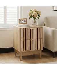 Boyel Living Mid-Century Modern Oak Bedside Table Set of 2, Grille Design Nightstand with 2 Drawers and Solid Wood Legs for Bedroom, Living Room