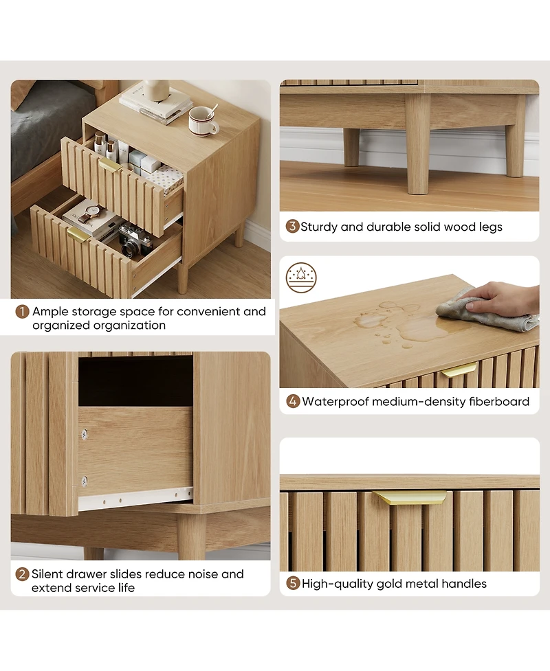 Boyel Living Mid-Century Modern Oak Bedside Table Set of 2, Grille Design Nightstand with 2 Drawers and Solid Wood Legs for Bedroom, Living Room