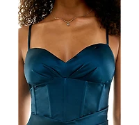 Emerald Sundae Juniors' Sweetheart Neck Corset Short Satin Dress