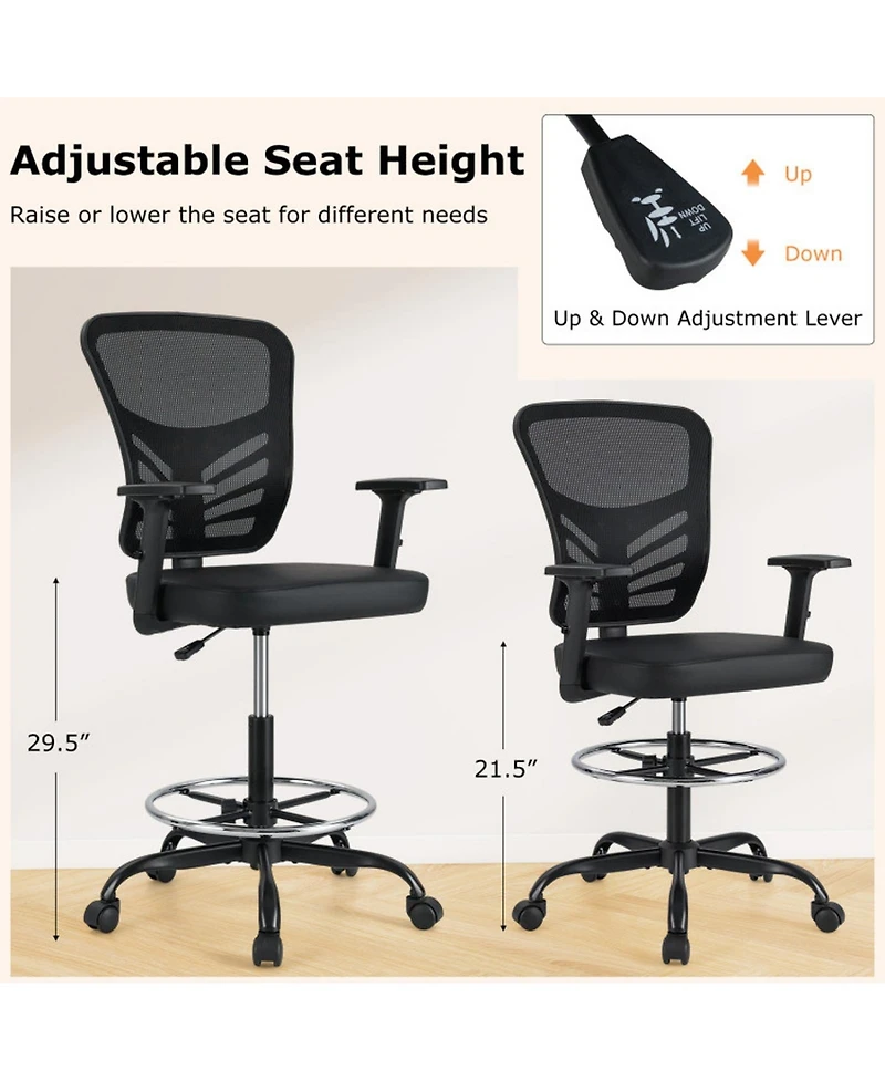 Gouun Mesh Drafting Chair Adjustable Armrests Foot-Ring Lumbar Support