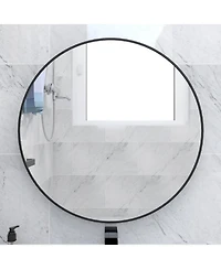Laoties 24" Wall Mounted Round Mirror with Brushed Aluminum Frame for Bathroom, Entryway, Living Room