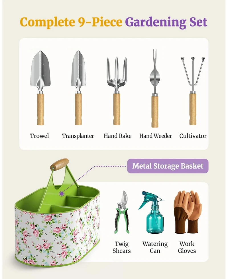 Xdovet Garden Tool Set Stainless Steel Wood Handle Metal Basket Gift Women Mother