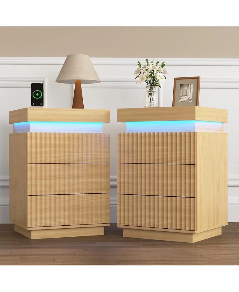 Streamdale Furniture (Set of 2) Led End Table with Usb-c Charging Station and 2 Drawers
