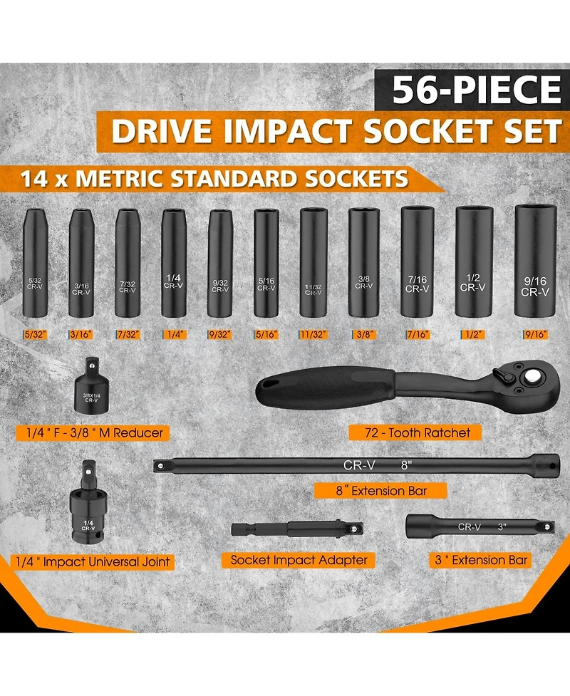 Xdovet 1/4inches Drive 56-Piece Impact Socket Set Sae Metric Ratchet