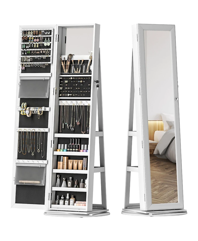 Phying Freestanding Jewelry Armoire 360 Degree Swivel Lockable Cabinet with Full Length Mirror and Storage Shelves