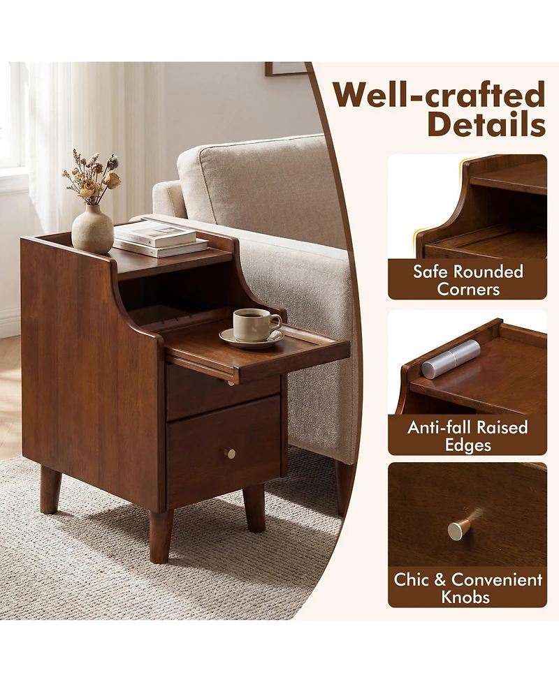 Gymax 2Pcs Wood Nightstand w/ 2 Drawers Narrow Bedside Table w/ Pull-out Tray