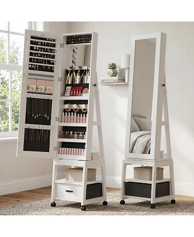homfan Standing Jewelry Armoire with Full-Length Mirror, 360degree(s) Swivel Base and Lockable Storage - Elegant Multi-Functional Organizer