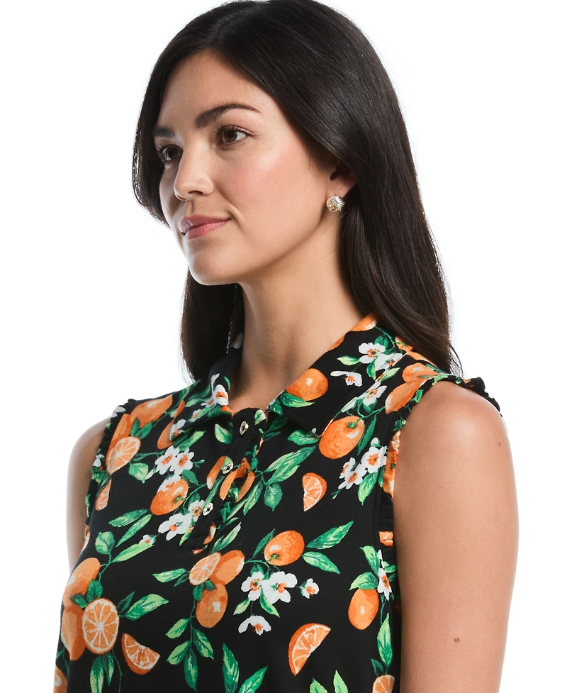 Rafaella Petite Orange Print Ruffle-Trim Sleeveless Polo Shirt