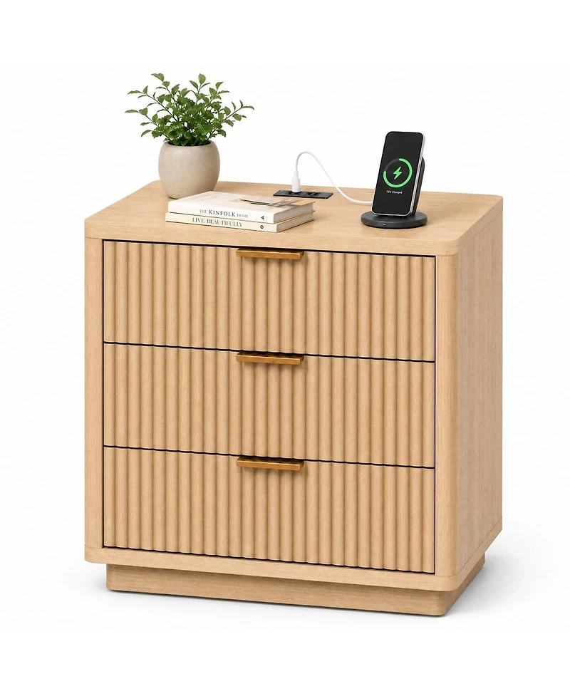 gaomon Set of 2 Fluted Nightstand, 3 Drawer Bedside Table with Charging Station, Light Wood End Table with Ac and Usb Ports and Metal Handles
