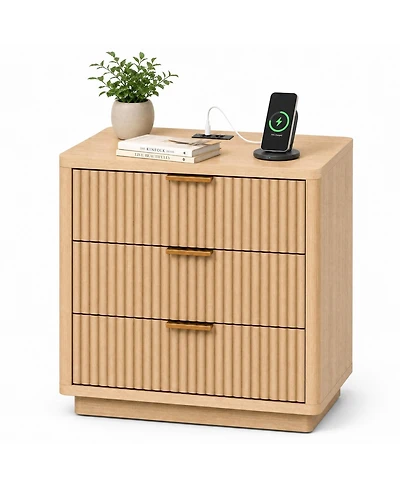 gaomon Set of 2 Fluted Nightstand, 3 Drawer Bedside Table with Charging Station, Light Wood End Table with Ac and Usb Ports and Metal Handles