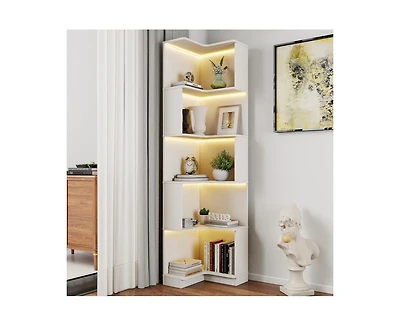 Corner Book Shelf - 5 Tier Corner Bookshelf Bookcase with Baffle Led Lights