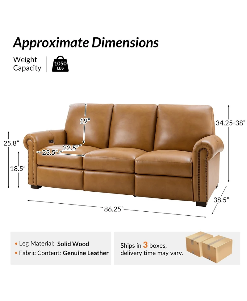 Hulala Home Igon 86.25" Traditional Down-Filled Genuine Leather Power Reclining Sofa.