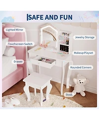 homfan Lighted Mirror Kids Vanity Set with Stool, Makeup Table Playset for Little Girls Ages 3-8, Elegant, Functional Design, Ideal for Bedroom