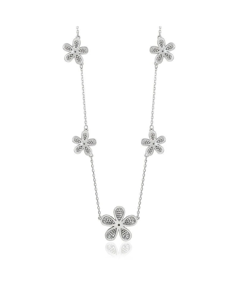 Suzy Levian New York Sterling Silver Cubic Zirconia Pave Flower Station Necklace