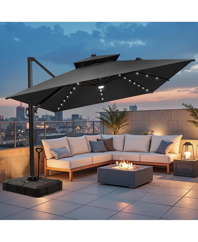 Pellebant Outdoor Patio 10X13Feet Aluminum Double Canopy Solar Lights Cantilever Umbrella with Rod Wheel Base