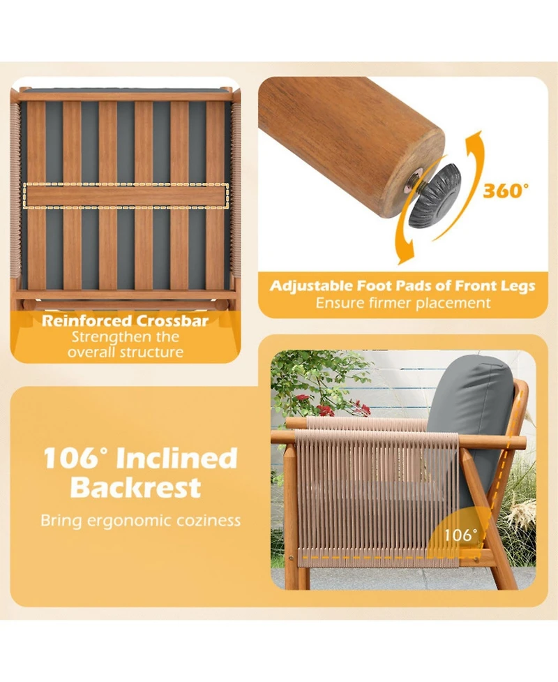 Sugift Set of 4 Patio Acacia Wood Chairs with Woven Rope Armrests and Back Cushions