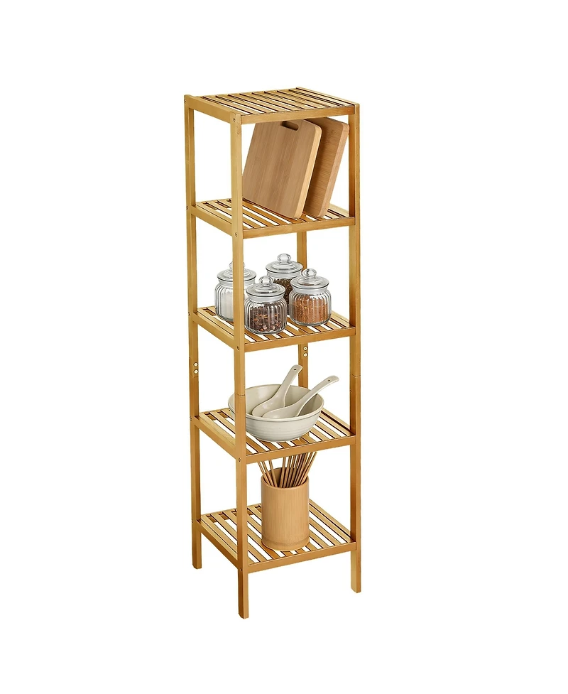 gaomon Space Saving 5 Tier Wooden Bathroom Shelf, Narrow Standing Storage Rack with Slatted Natural Wood, Versatile for Towels, Plants