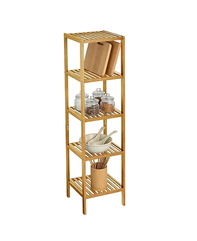 gaomon Space Saving 5 Tier Wooden Bathroom Shelf, Narrow Standing Storage Rack with Slatted Natural Wood, Versatile for Towels, Plants