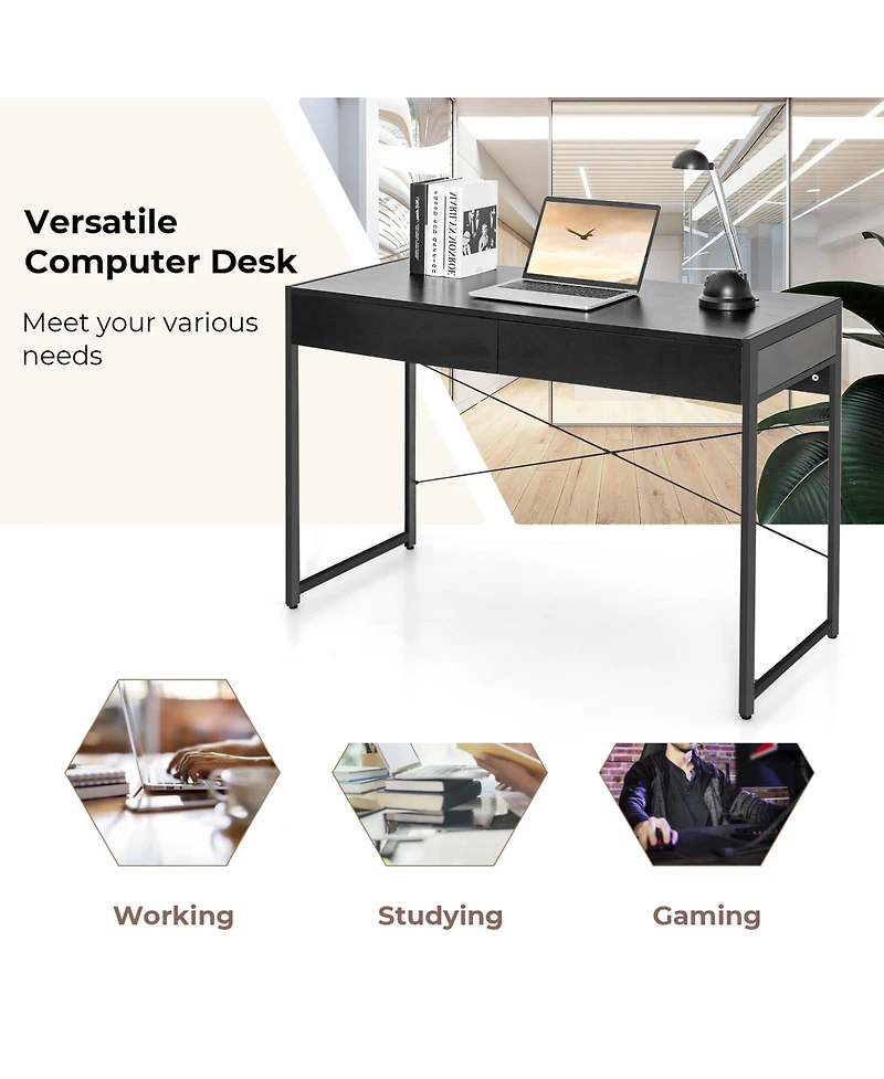 Gouun 2-Drawer Steel-Frame Writing Desk with Anti-Topple Hardware, Depth