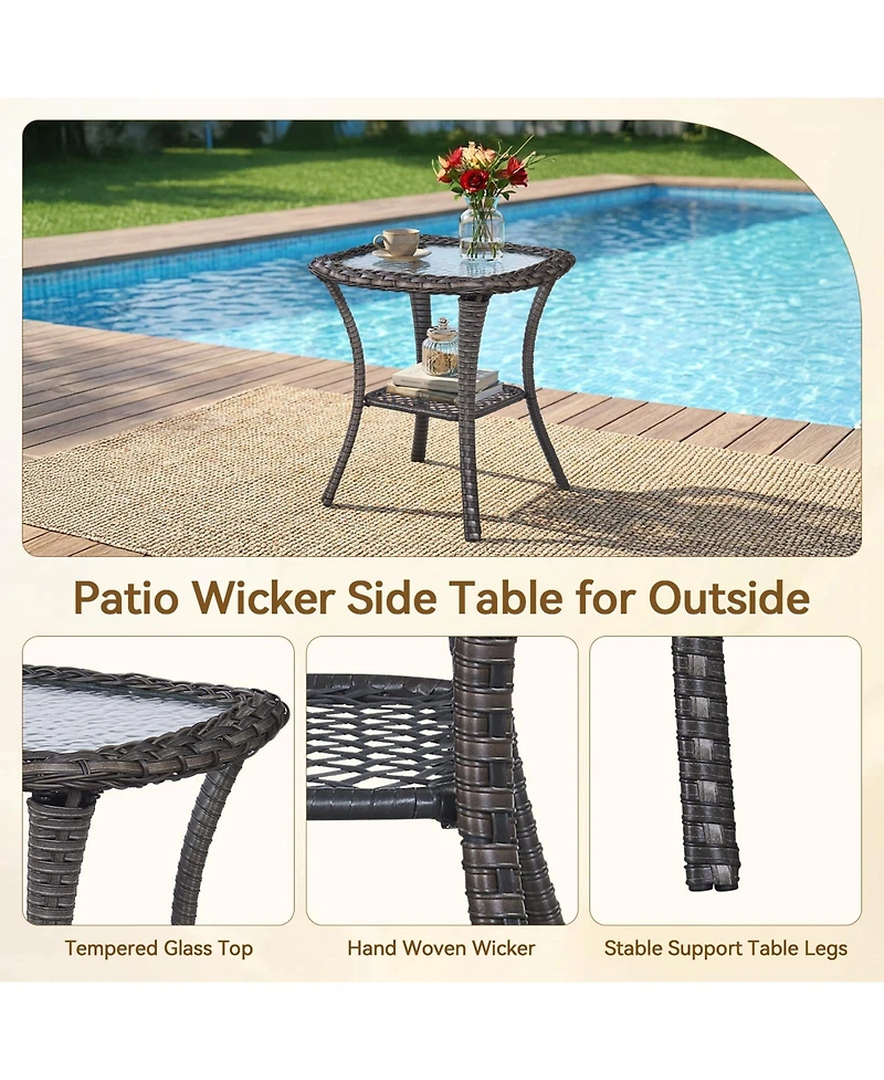 Pocassy Wicker Side Table Outdoor, Patio Rattan with Glass Top and Storage Shelf, 22" Tall Coffee for Yard, Deck, Garden