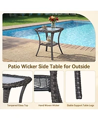 Pocassy Wicker Side Table Outdoor, Patio Rattan with Glass Top and Storage Shelf, 22" Tall Coffee for Yard, Deck, Garden
