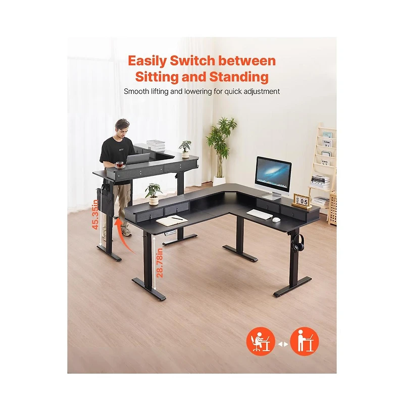 Sugift L Shaped Electric Corner Gaming Desk with 4 Drawers and Power Strip