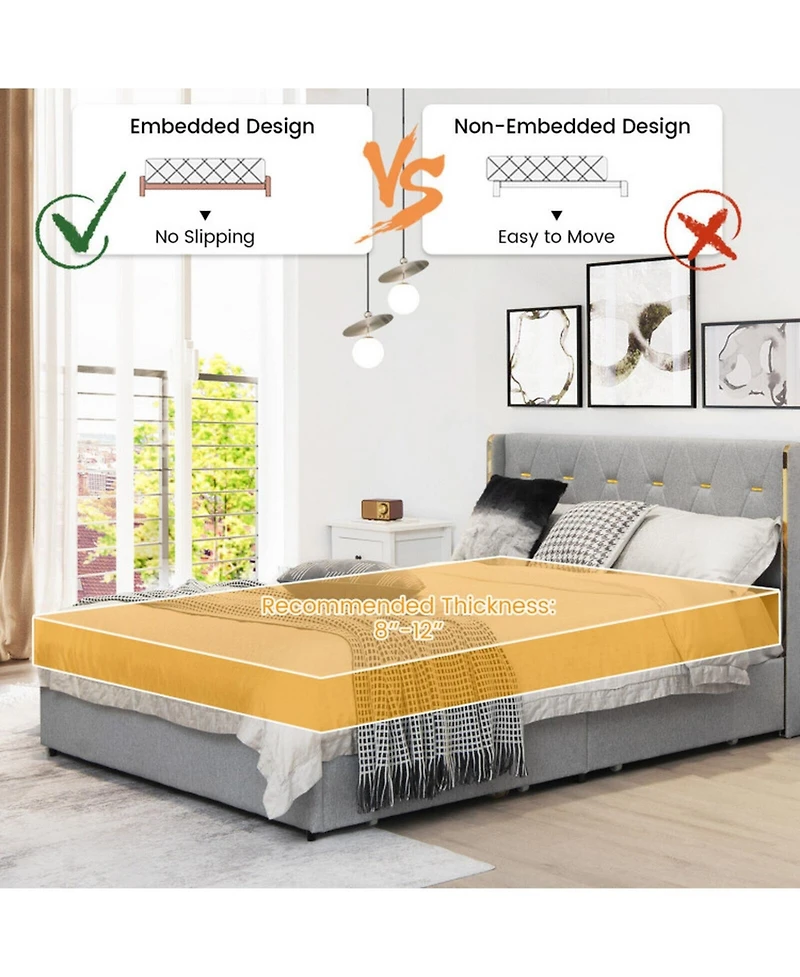 Gouun Full Upholstered Platform Bed Frame with Tufted Headboard and 4 Drawers
