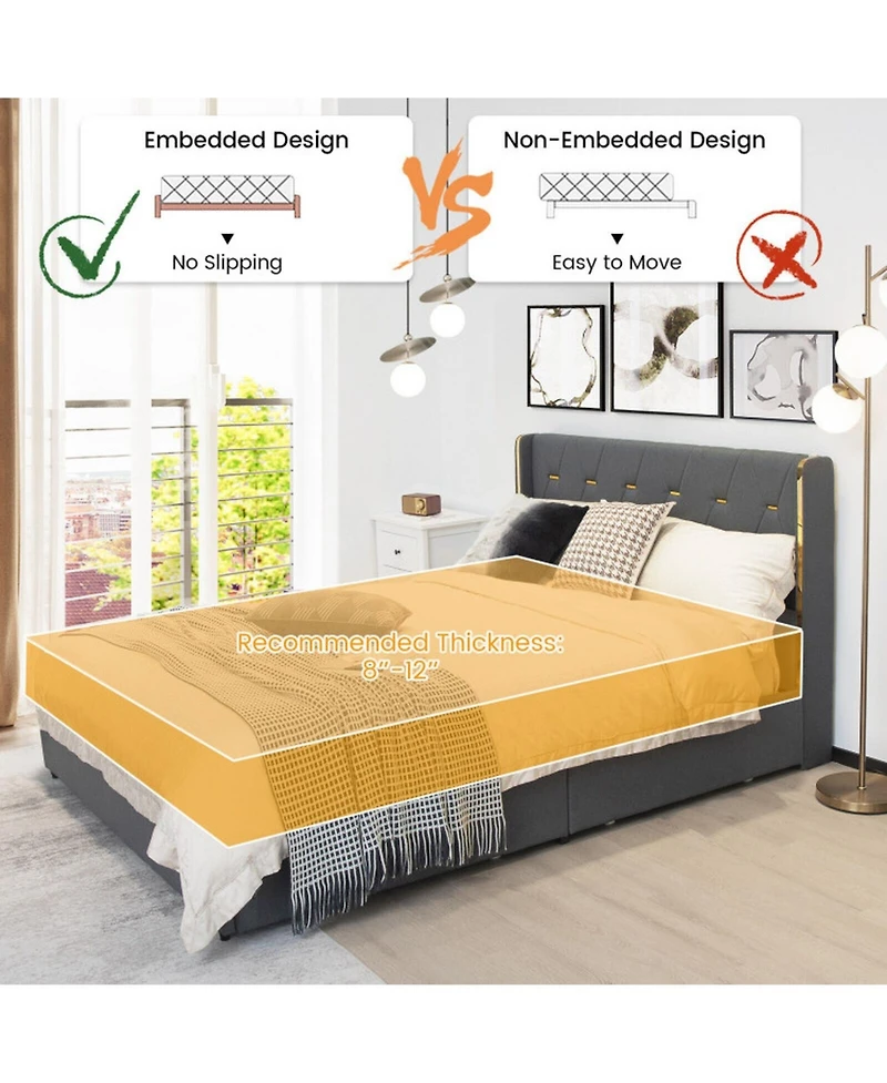Gouun Full Upholstered Platform Bed Frame with 4 Rolling Storage Drawers