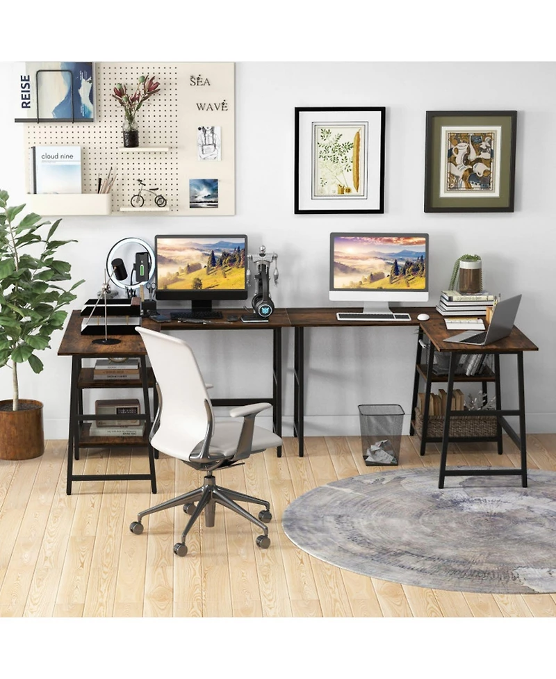 Gouun L-Shaped Corner Computer Desk Storage Shelves Steel Frame Footrest