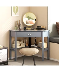 Gouun Corner Computer Desk Solid Pine Wood Drawer Open Shelves Laptop