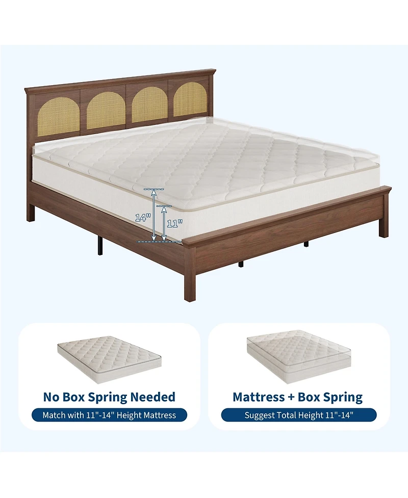 homfan Bed Frame with Rattan Headboard, Wooden Platform Bed with Storage Shelf and Under Bed Storage for Bedroom
