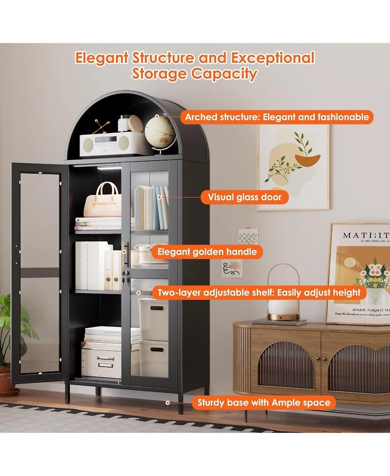 Boyel Living Metal Arched Display Cabinet with Led Lights, Lockable Glass Door Bookshelf and Hutch for Living Room