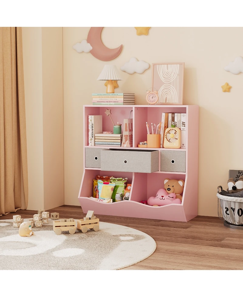 homfan 3-Tier Toy Storage Organizer with Engineered Wood Frame, Fabric Drawers Kids Bookshelf for Bedroom Playroom Nursery