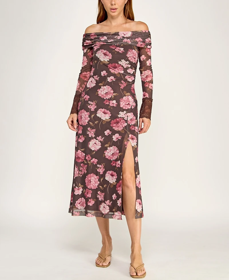 Trixxi Juniors' Off-The-Shoulder Long-Sleeve Mesh Dress