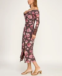 Trixxi Juniors' Off-The-Shoulder Long-Sleeve Mesh Dress