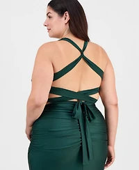 B Darlin Trendy Plus Shiny Knit Ruched Back-Tie Gown