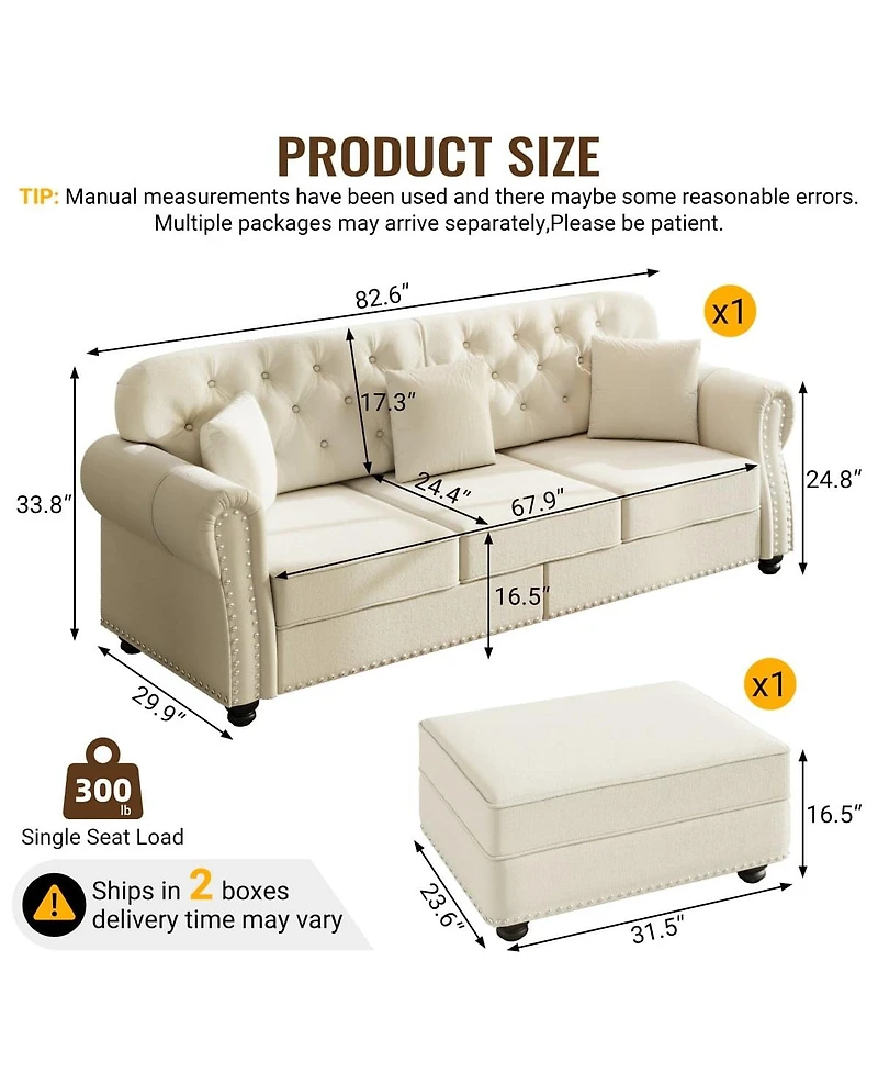 Maison Boucle 82.6'' Velvet Sofa and Ottoman, Chesterfield Nailhead, 3 Pillows