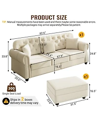 Maison Boucle 82.6'' Velvet Sofa and Ottoman, Chesterfield Nailhead, 3 Pillows
