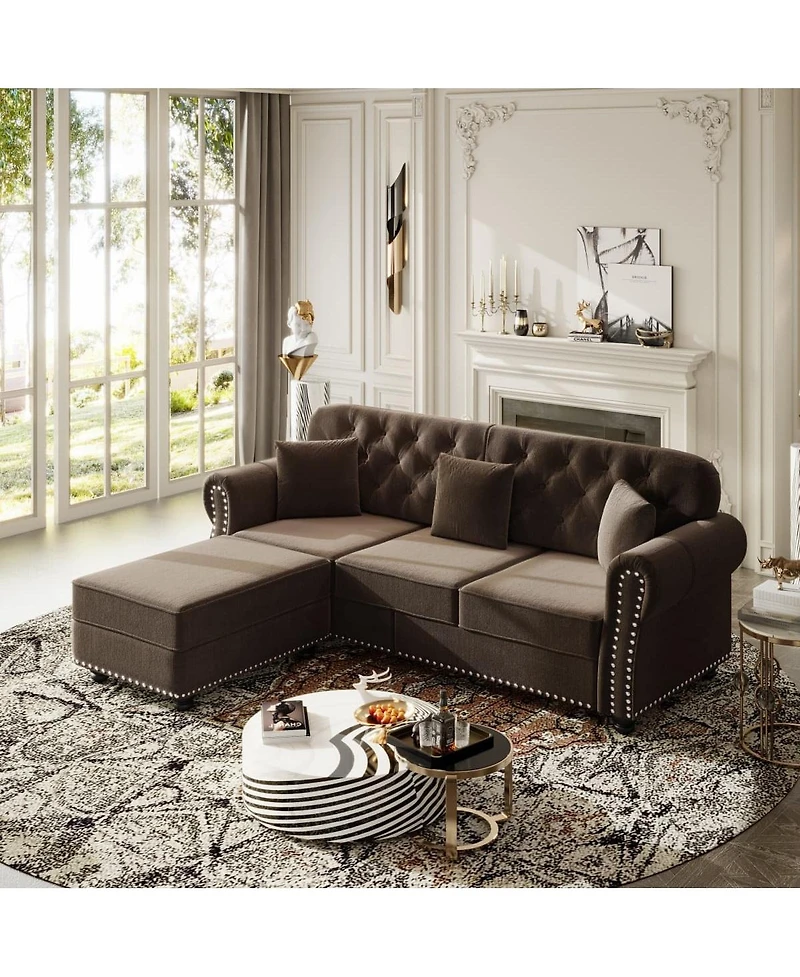 Maison Boucle 82.6'' Velvet Sofa and Ottoman, Chesterfield Nailhead, 3 Pillows