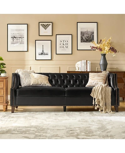 Hulala Home Theotis 84"W Chesterfield Button-Tufting Genuine Leather Sofa with Solid Wood Legs