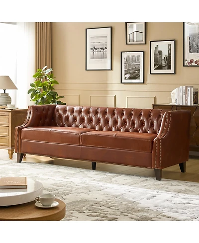 Hulala Home Theotis 84"W Chesterfield Button-Tufting Genuine Leather Sofa with Solid Wood Legs