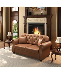 Maison Boucle 63'' Faux Leather Loveseat Set with 2 Ottomans, Nailhead Tufted