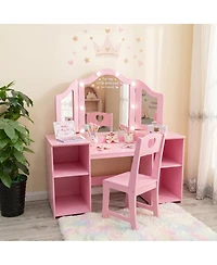 homfan 2-in-1 Vanity Table and Chair Set, Tri-Folding Lighted Mirror, Storage Drawer, High Back Chair, Convertible Desk, Ideal Gift for Toddlers