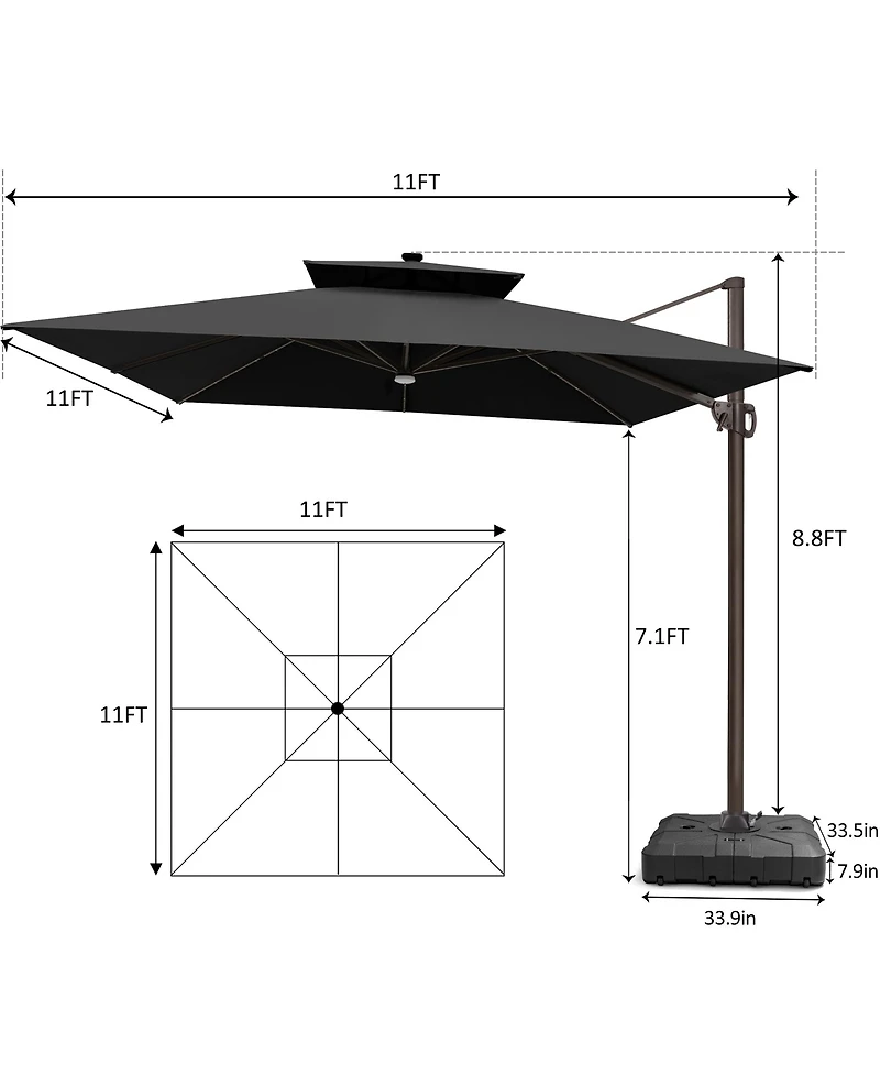 Pellebant Outdoor Patio 11x11Feet Aluminum Double Canopy Solar Lights Cantilever Umbrella with Wheel Base