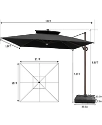 Pellebant Outdoor Patio 11x11Feet Aluminum Double Canopy Solar Lights Cantilever Umbrella with Wheel Base